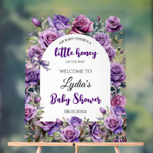 Little Honey Purple Roses Baby Shower Welcome Acrylic Sign