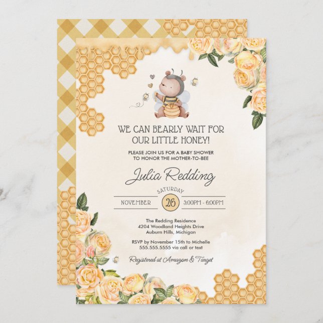 Little Honey Teddy Bear Mum-to-Bee Baby Shower Invitation (Front/Back)