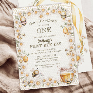 Little Honey Turning One Bees Daisy 1st Birthday Invitation