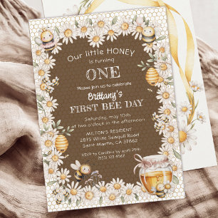 Little Honey Turning One Bees Daisy 1st Birthday Invitation
