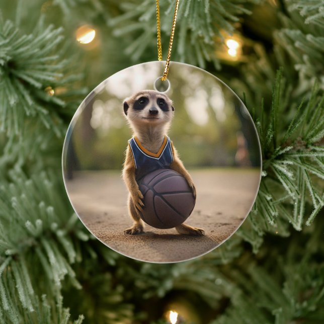 Little Hoop Star: Baby Meerkat Holding Basketball Ceramic Tree Decoration (Tree)