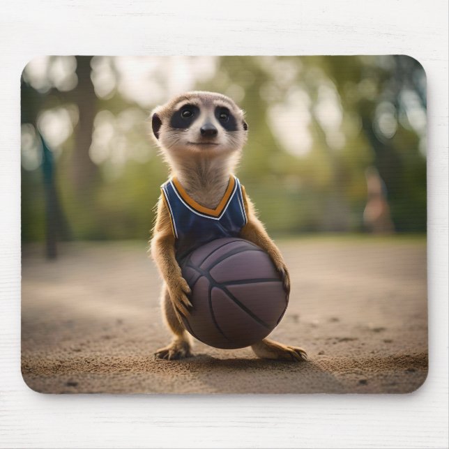 Little Hoop Star: Baby Meerkat Holding Basketball Mouse Pad (Front)