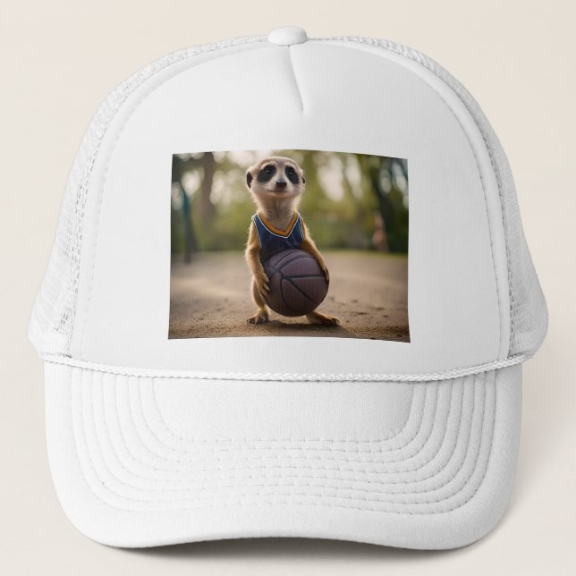 Little Hoop Star: Baby Meerkat Holding Basketball Trucker Hat (Front)