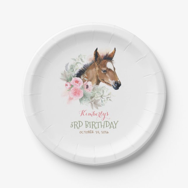 Little Horse Cute Pink Floral Birthday Paper Plate (Front)