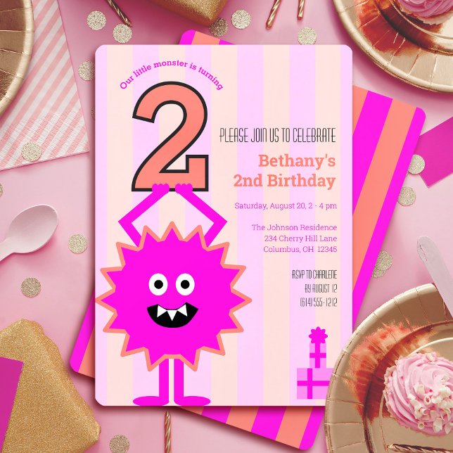 Little Hot Pink Monster 2nd Birthday Girl Cute Invitation (Creator Uploaded)