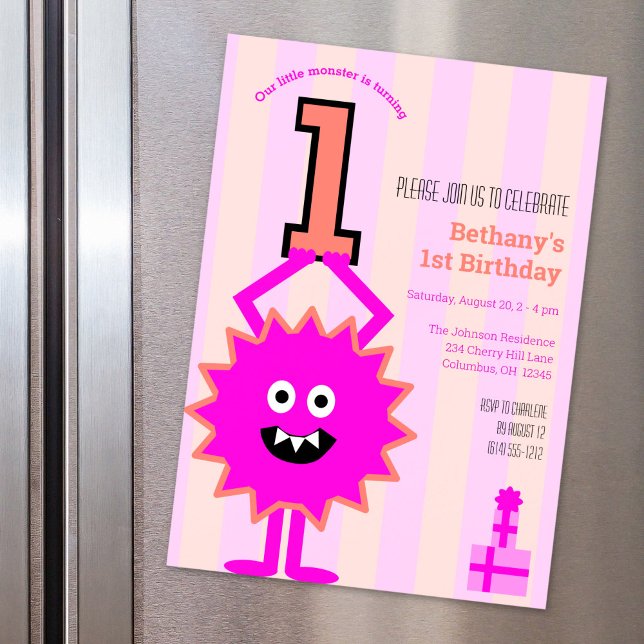 Little Hot Pink Monster Girl 1st Birthday Cute Magnetic Invitation (Creator Uploaded)
