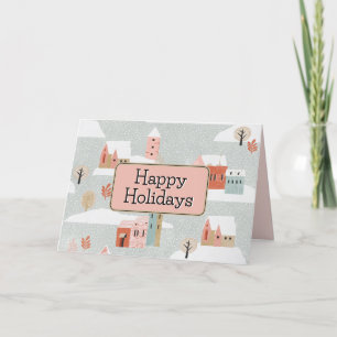 Little Houses Snowy Village Pink Christmas Holiday Card