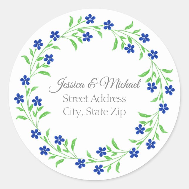 Little Indigo Blue Watercolor Flowers Wreath Classic Round Sticker (Front)