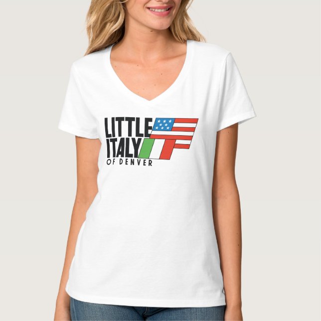 Little Italy of Denver 80s Retro WHITE V Neck T-Shirt (Front)