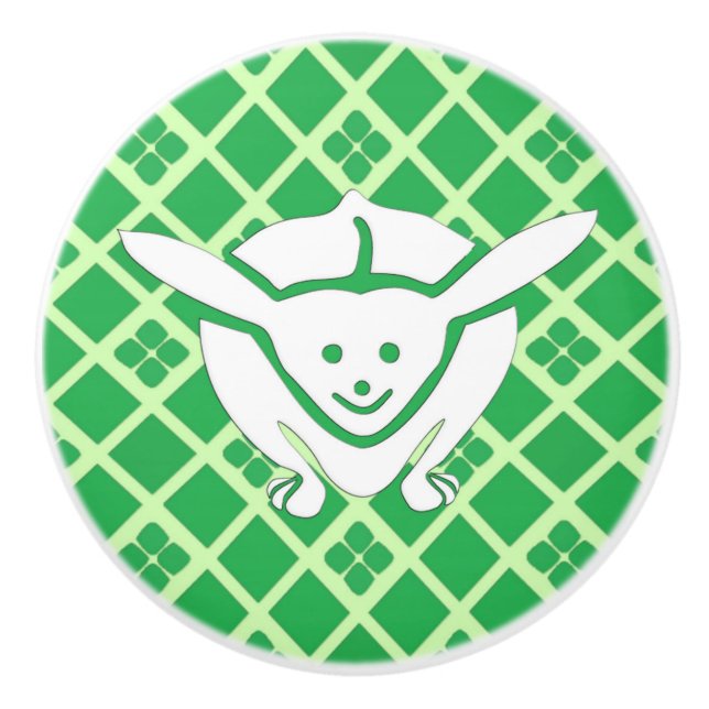 Little Japanese rabbit, green background Ceramic Knob (Front)