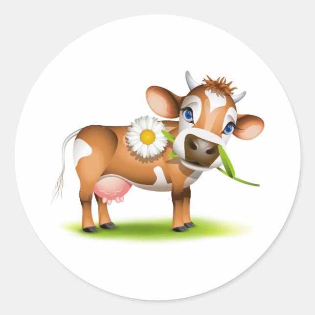 Little Jersey cow eating daisy Classic Round Sticker (Front)