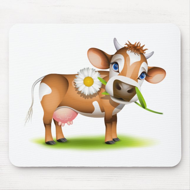 Little Jersey cow eating daisy Mouse Pad (Front)