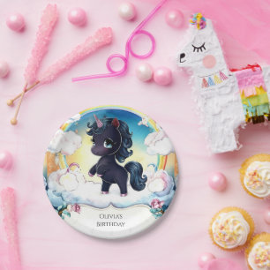 Little Joyful Black Unicorn Birthday Paper Plate