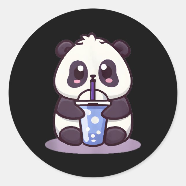 Little Kawaii Panda Drinking Boba Tea Anime Classic Round Sticker (Front)