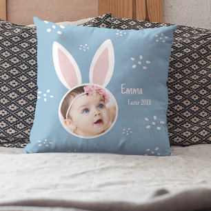 Little Kid Photo with Bunny Ears and Name Easter Cushion