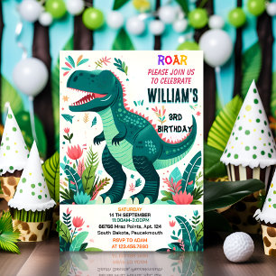 little kids cute boys T three 3 rex 3rd birthday Invitation