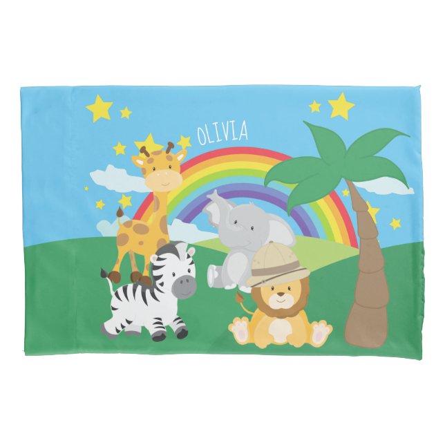 Little Kids Safari Jungle Animals and First Name Pillowcase (Front)