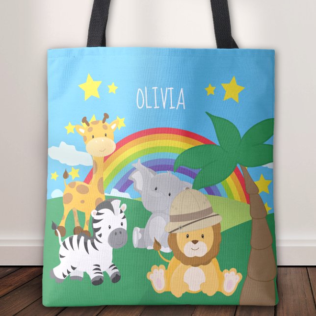 Little Kids Safari Jungle Animals and First Name Tote Bag (Creator Uploaded)