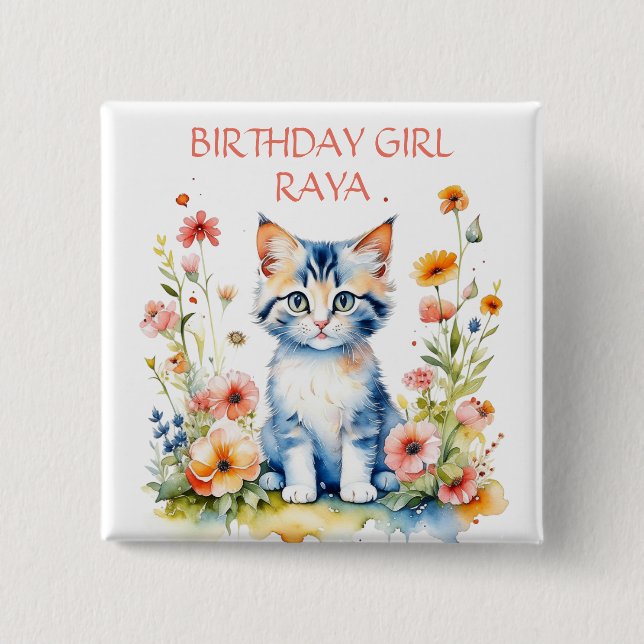 Little Kitten Girl's Birthday Party Personalised 15 Cm Square Badge (Front)