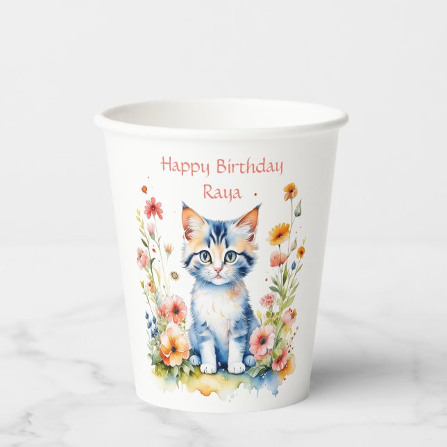 Little Kitten Girl's Birthday Party Personalised Paper Cups (Front)