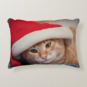 Little Kitten in Red Christmas Hat Decorative Cushion