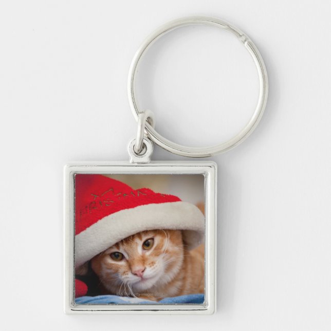 Little Kitten in Red Christmas Hat Key Ring (Front)