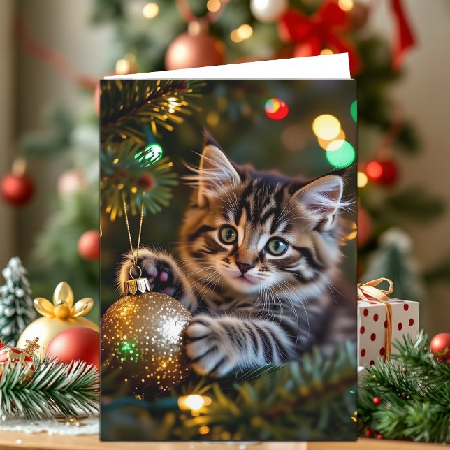 Little Kitten on Christmas Tree Personalized Holiday Card (Creator Uploaded)