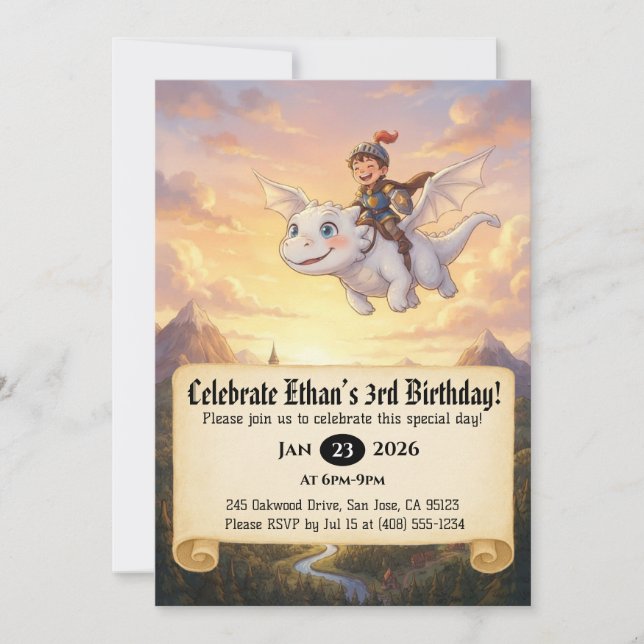 Little Knight Riding a Dragon Birthday Invitation (Front)