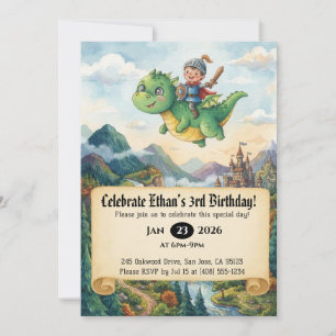 Little Knight Riding a Dragon Birthday Invitation