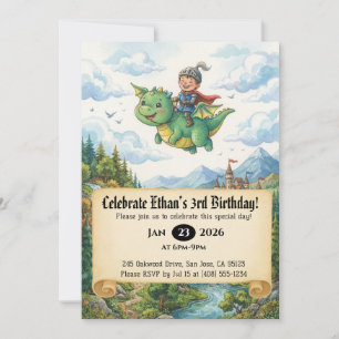 Little Knight Riding a Dragon Birthday Invitation
