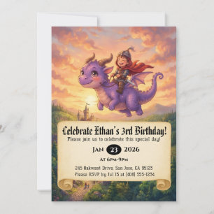 Little Knight Riding a Dragon Birthday Invitation