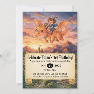 Little Knight Riding a Dragon Birthday Invitation