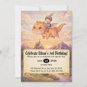 Little Knight Riding a Dragon Birthday Invitation