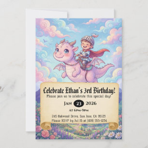 Little Knight Riding a Dragon Birthday Invitation