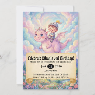 Little Knight Riding a Dragon Birthday Invitation