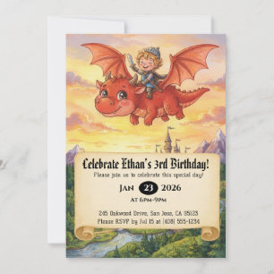 Little Knight Riding a Dragon Birthday Invitation