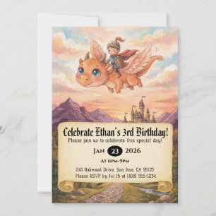 Little Knight Riding a Dragon Birthday Invitation