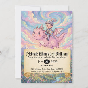 Little Knight Riding a Dragon Birthday Invitation
