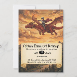 Little Knight Riding a Dragon Birthday Invitation