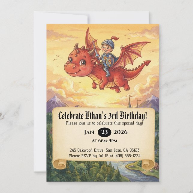 Little Knight Riding a Dragon Birthday Invitation (Front)