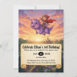 Little Knight Riding a Dragon Birthday Invitation