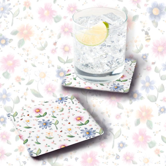 Little Lady Bugs and Flowers Pattern Square Paper Coaster (Creator Uploaded)
