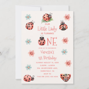 Little Lady Ladybug First Birthday Watercolor Flor Invitation