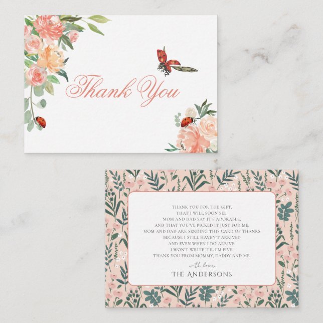 Little Lady Ladybug Roses Baby Shower Thank You Card (Front/Back)