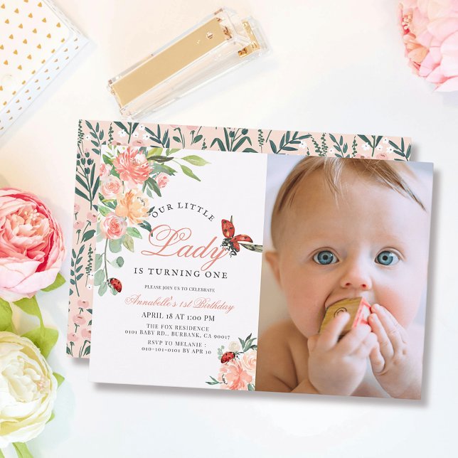 Little Lady Ladybug Roses Photo Girl 1st Birthday Invitation (Creator Uploaded)