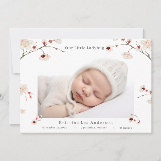 Little Ladybug Baby Girl Birth Announcement (Front)