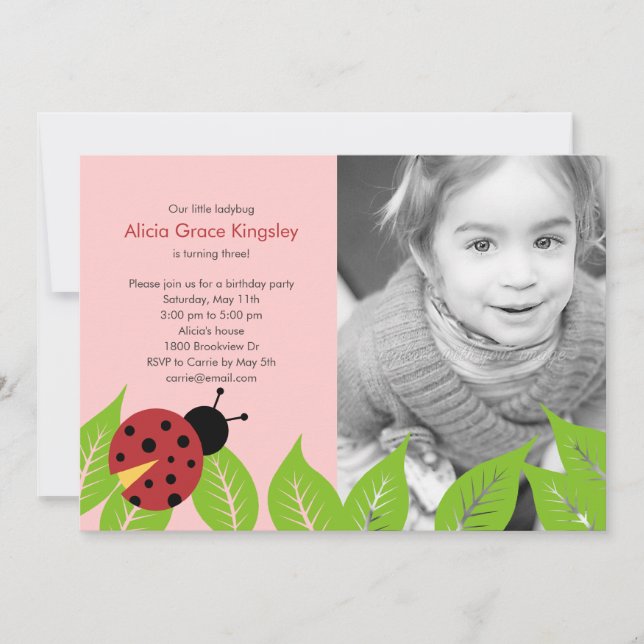 Little Ladybug Birthday Photo Invitation - Pink (Front)