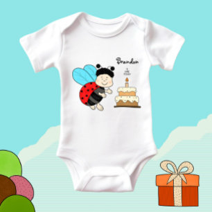 Little ladybug boy with cake baby bodysuit