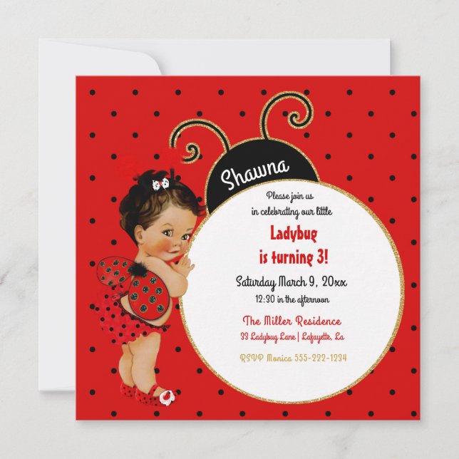 Little Ladybug Girl Red Black Dot Invitation (Front)