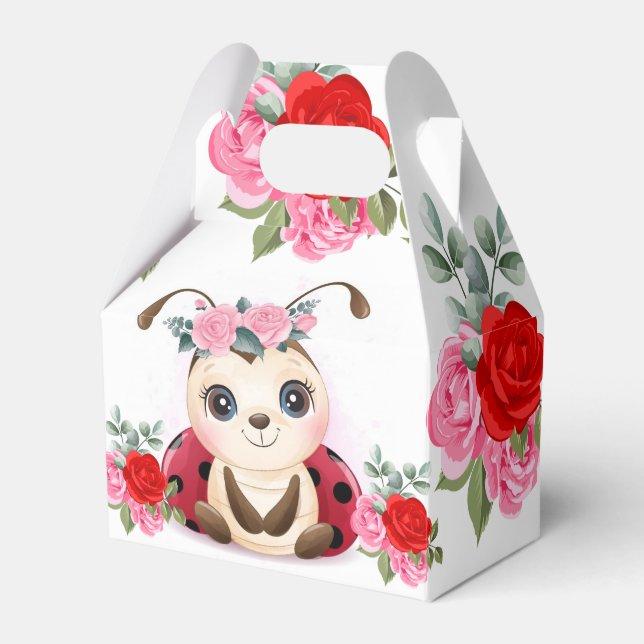 Little Ladybug Red Pink Floral Girl Baby Shower Favour Box (Front Side)